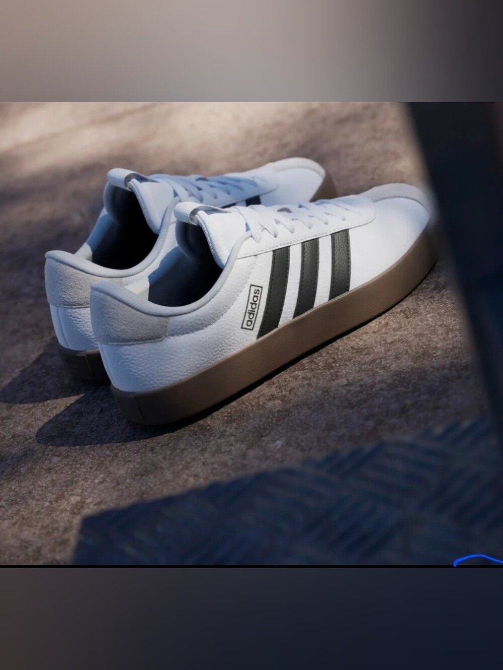 adidas White Sneakers with Black Stripes and Brown Gum Sole